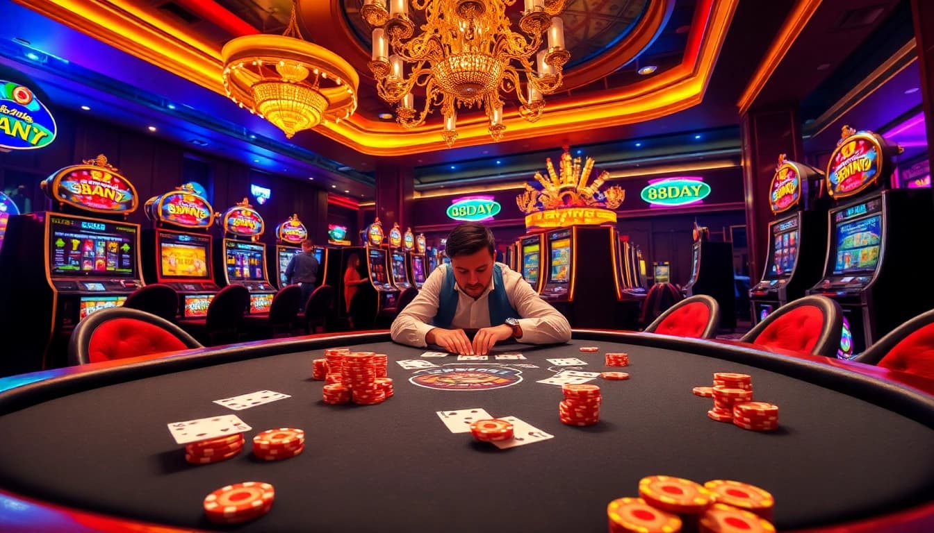 Engaging casino experience at 8DAY with poker chips and cards on a luxurious table.