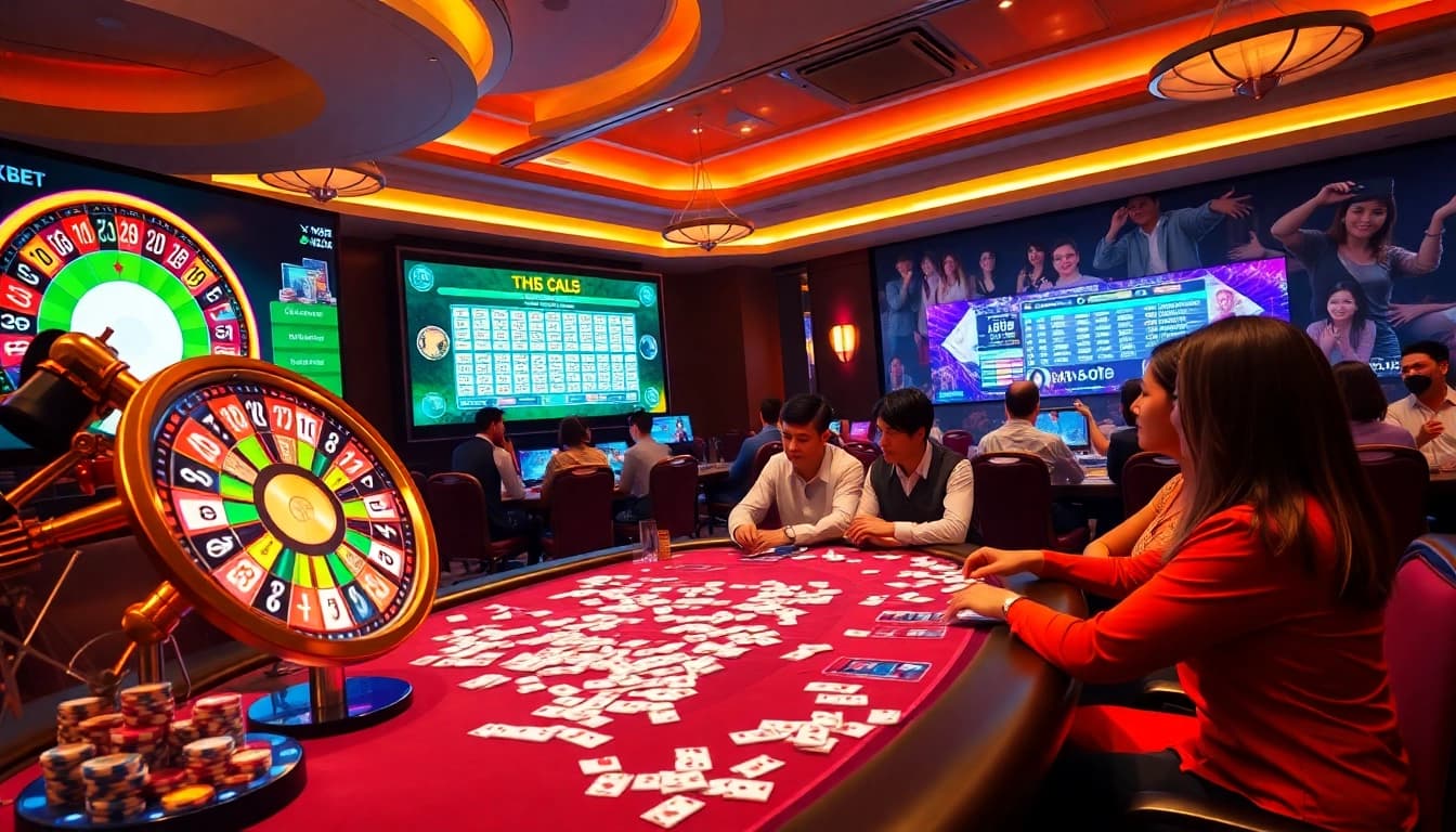Xổ số 8KBET lottery excitement with players checking results and vibrant digital interfaces.