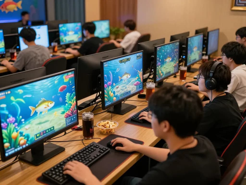 Bắn cá đổi thưởng scene with excited players immersed in vibrant online gaming.