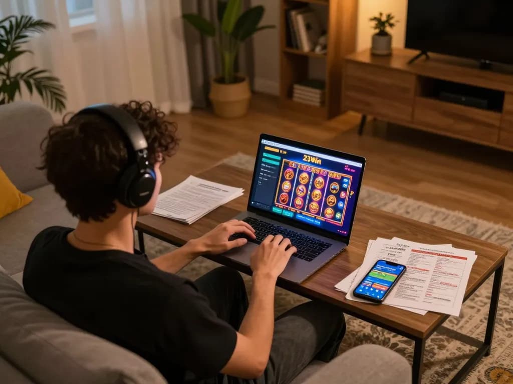 Person engaging in online gaming at 23Win home setup with laptop and strategy notes.