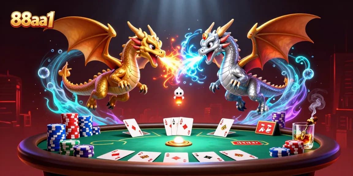 Engage with the vibrant world of 88aa1 as dragons duel over a poker table, showcasing casino excitement.