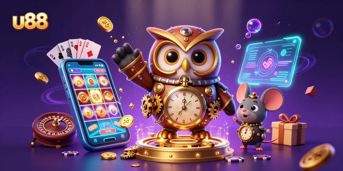 u88 slots and games come alive with steampunk characters in a vibrant casino scene.