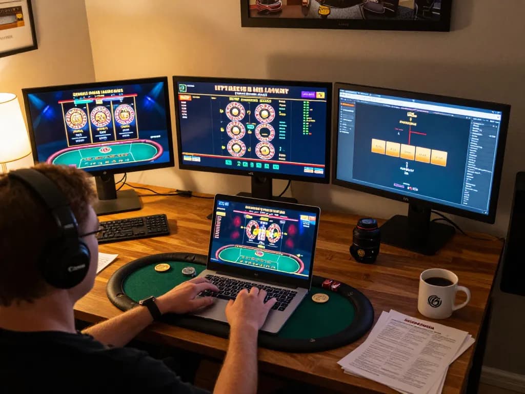 MAY88 poker gaming setup on a laptop with strategy notes and cozy atmosphere.