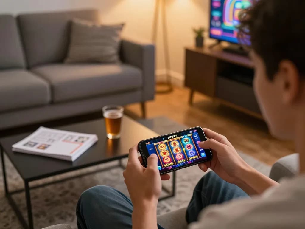 Player enjoying TR88 casino app on smartphone in a cozy home setting, highlighting engaging online gaming experience.