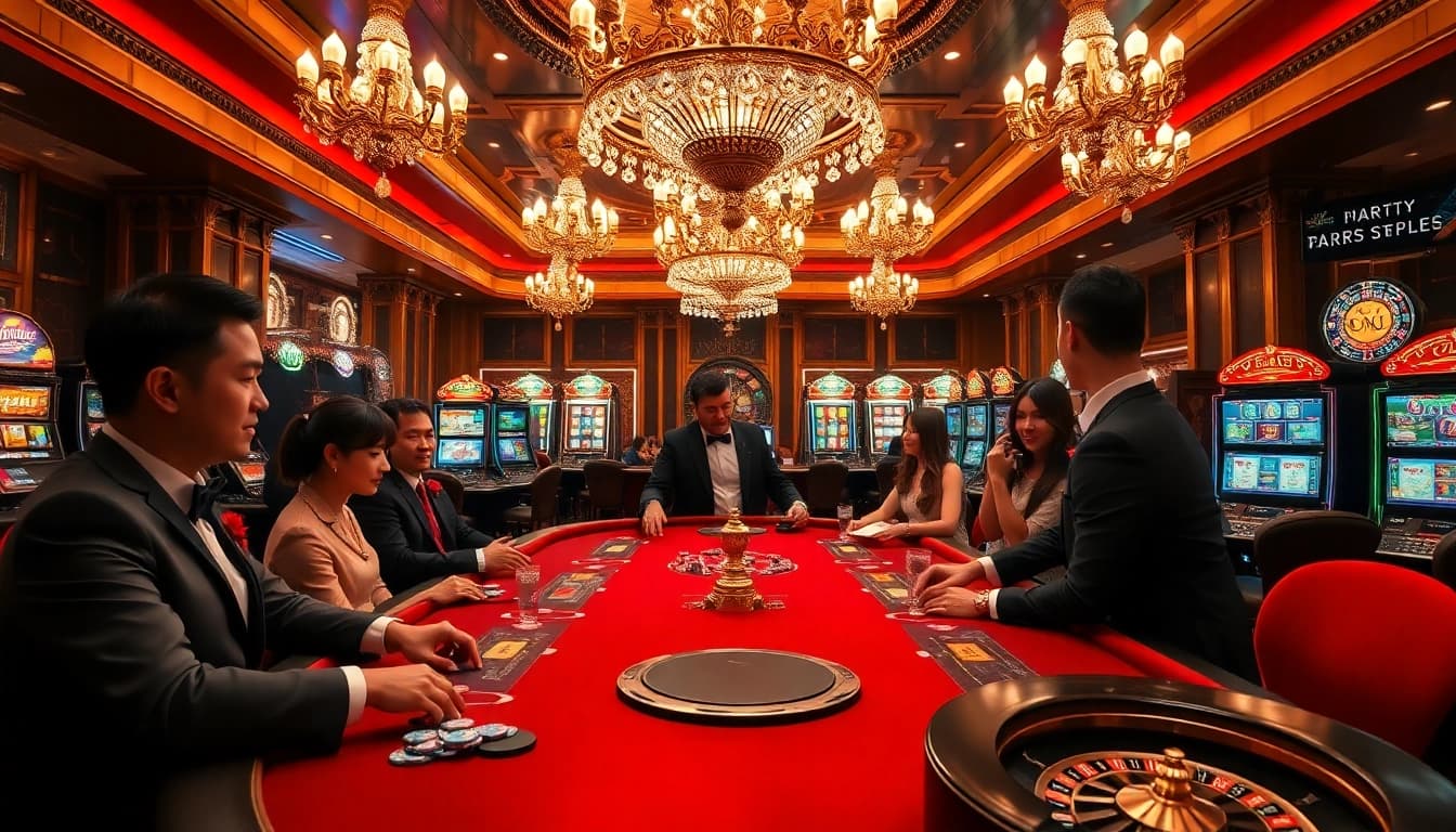 Players engaging in high-stakes poker at a vibrant MV88 casino, capturing the thrill of winning.