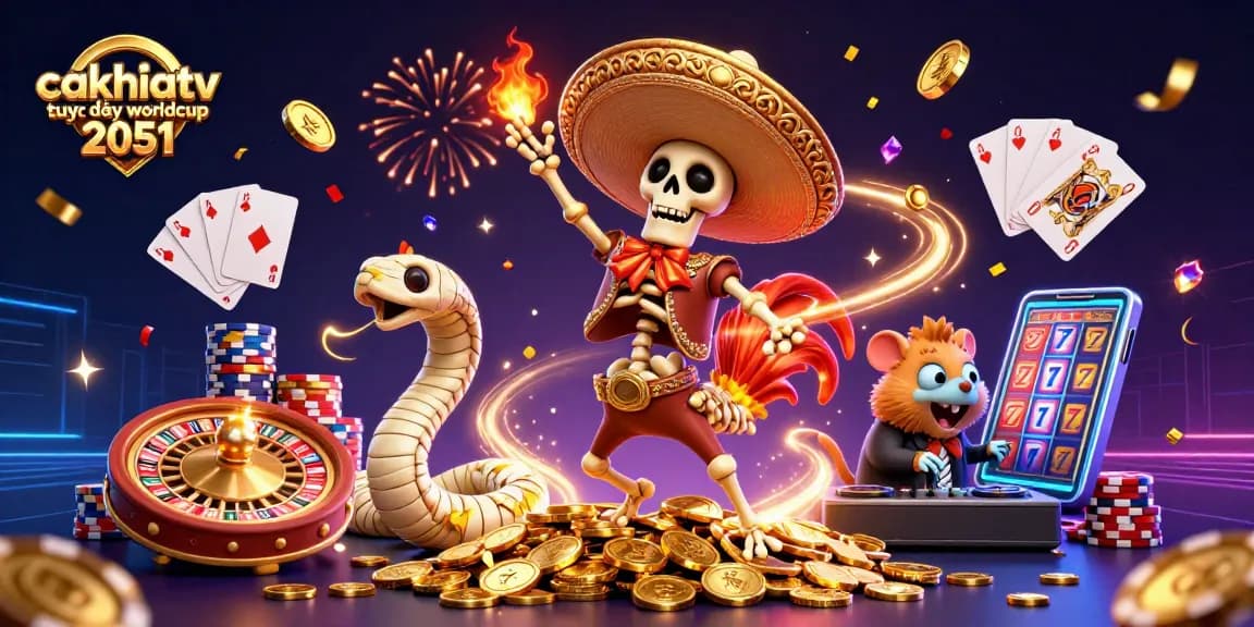 Experience cakhiatv trực tiếp worldcup 2051 with vibrant characters celebrating casino wins in 3D.