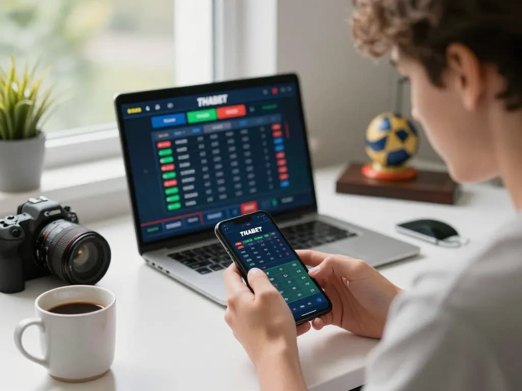 Engaged user participating in live sports betting on THABET’s app during a big game