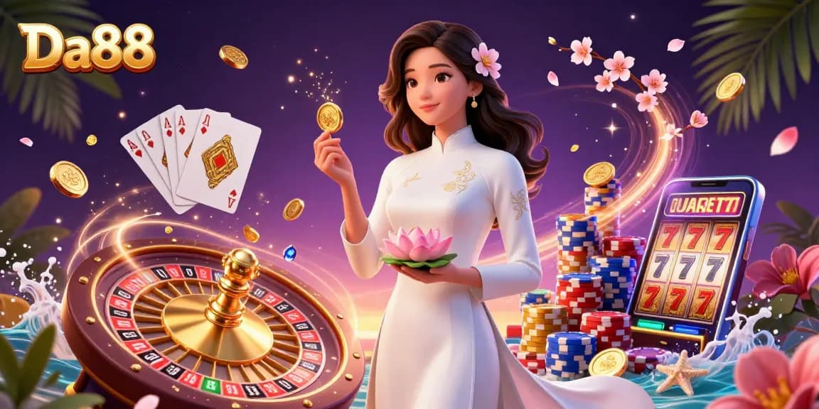 Experience the thrill of Da88 casino with elegant character surrounded by vibrant casino elements and golden coins.