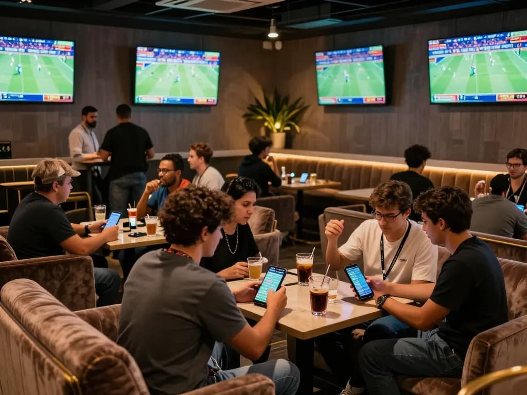 Tỷ lệ kèo nhà cái hôm nay features exciting sports betting lounge with fans engaged in bets.