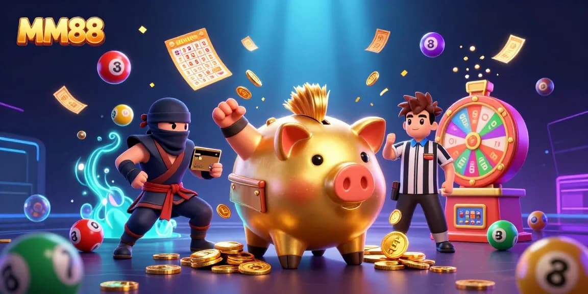 Experience the excitement of MM88 with vibrant gambling elements, including golden wins and colorful games.