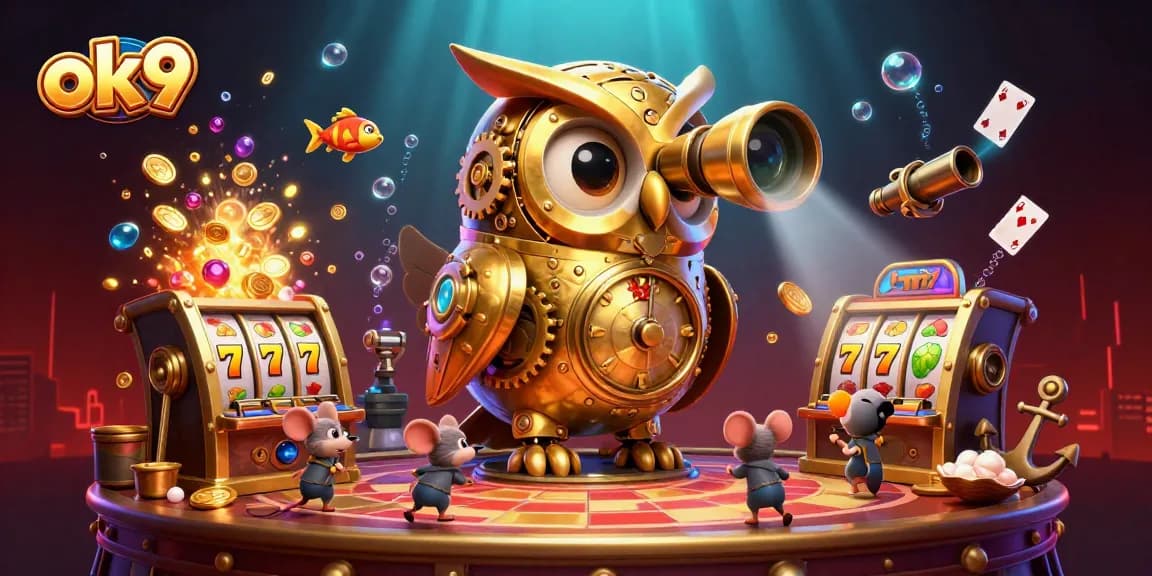 ok9 features a cartoon owl scanning a vibrant casino floor filled with slot machines and gold treasures.