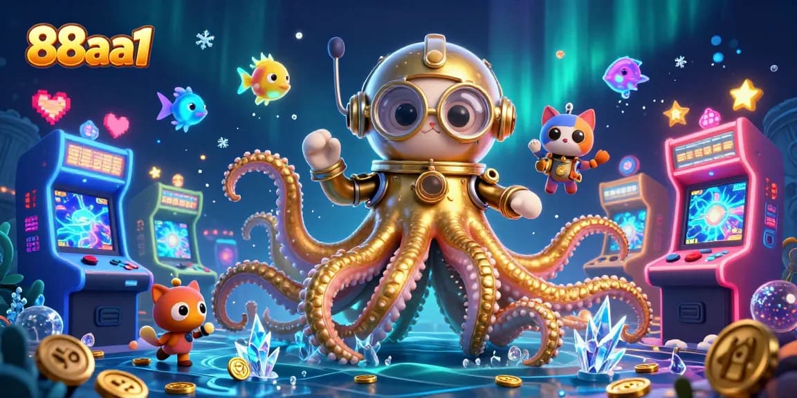 Play 88aa1 with the colossal kraken and diving cat in a vibrant casino game scene
