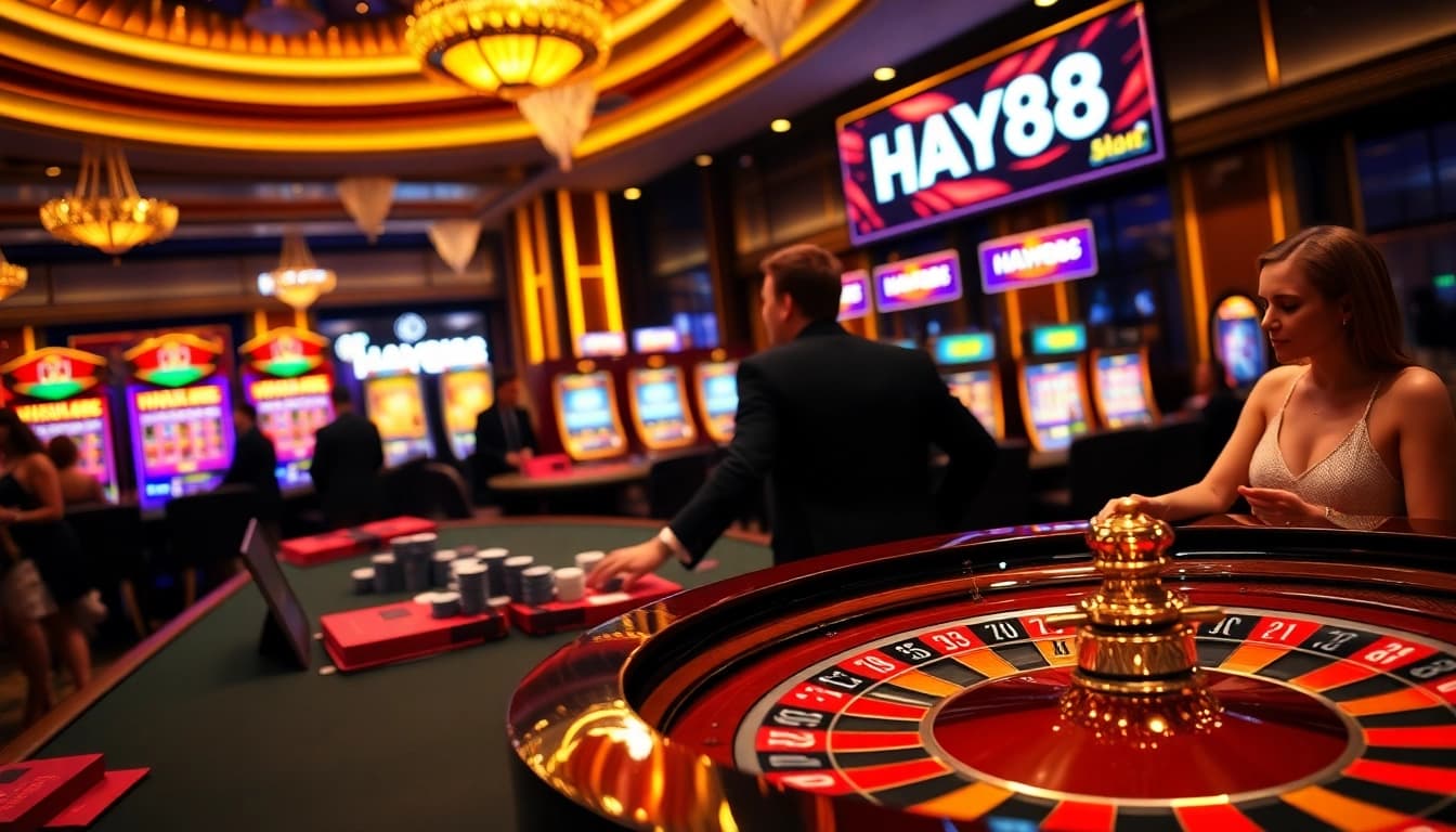HAY88 players enjoying a vibrant casino atmosphere with roulette and poker.