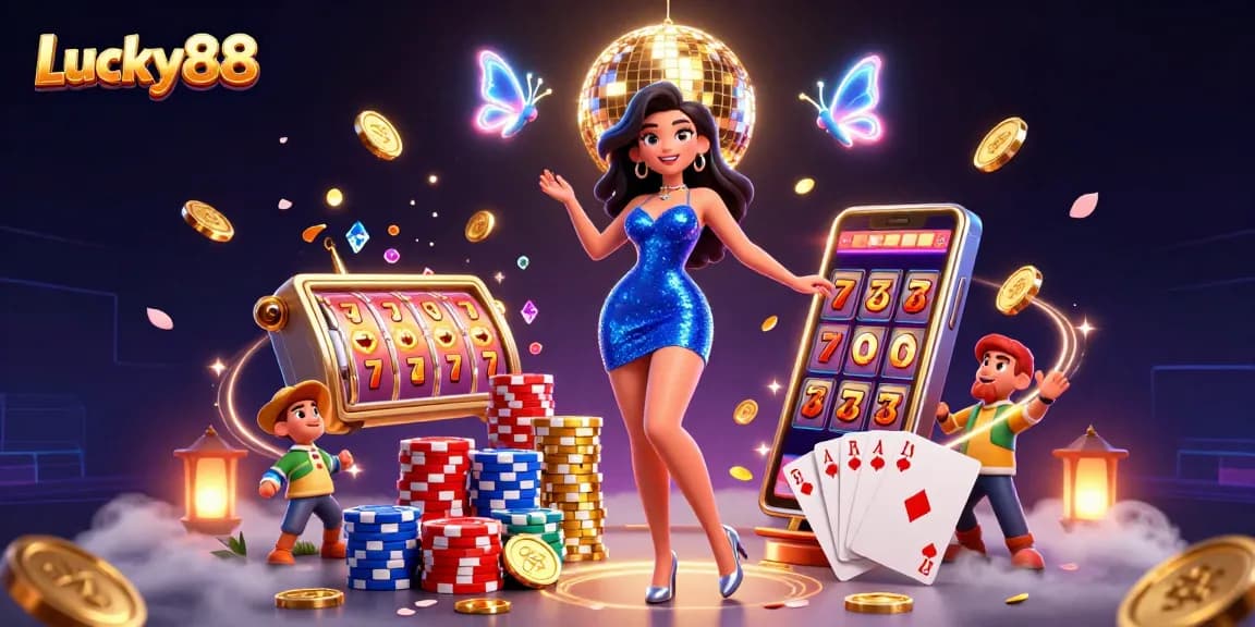 Experience dynamic gaming action with Lucky88, showcasing vibrant slot reels and exciting casino elements.
