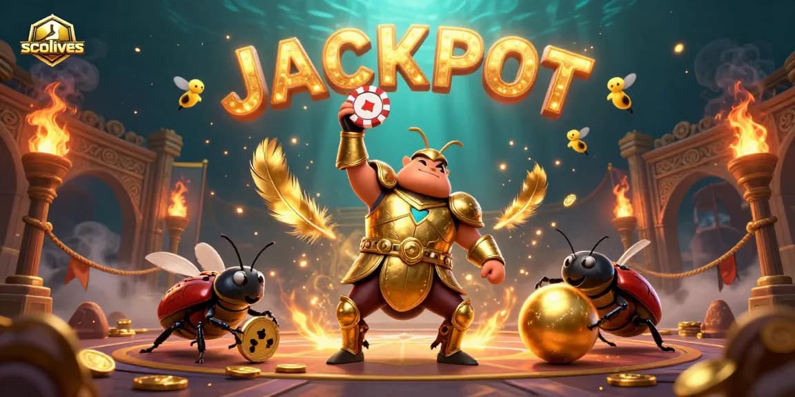 Socolives showcases a 3D hercules beetle in golden armor celebrating a poker win with vibrant gaming elements.