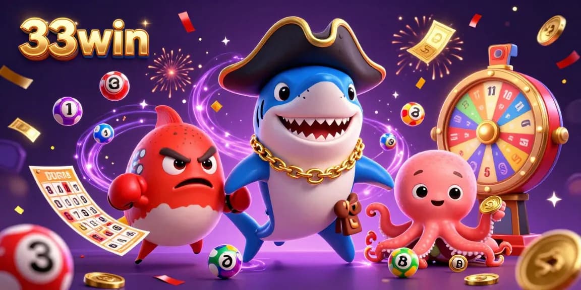33win features an exciting scene with a shark, pufferfish, and octopus celebrating lottery winning moments.