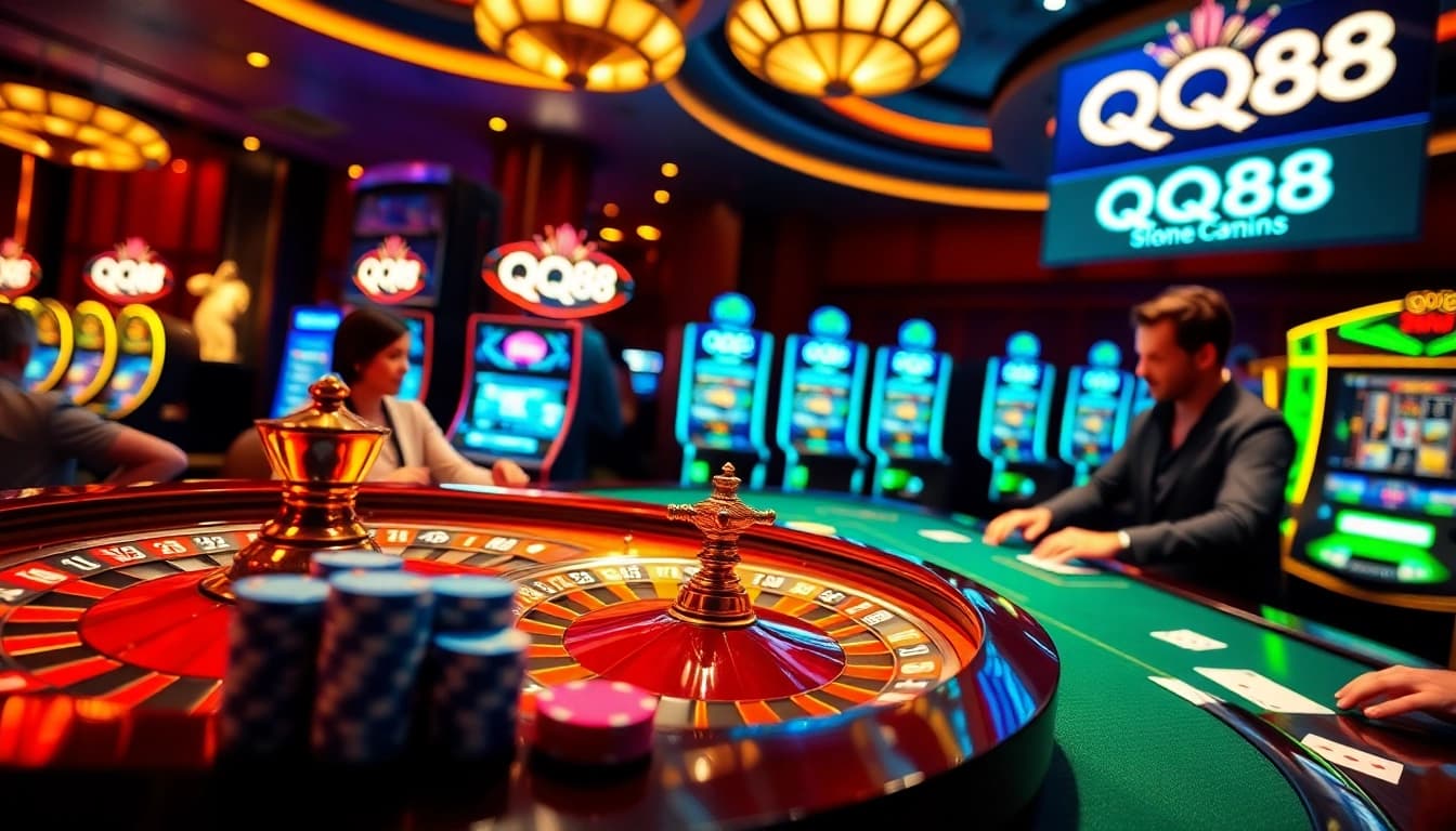 Experience the excitement of QQ88 at a lively casino table filled with poker chips and cards.