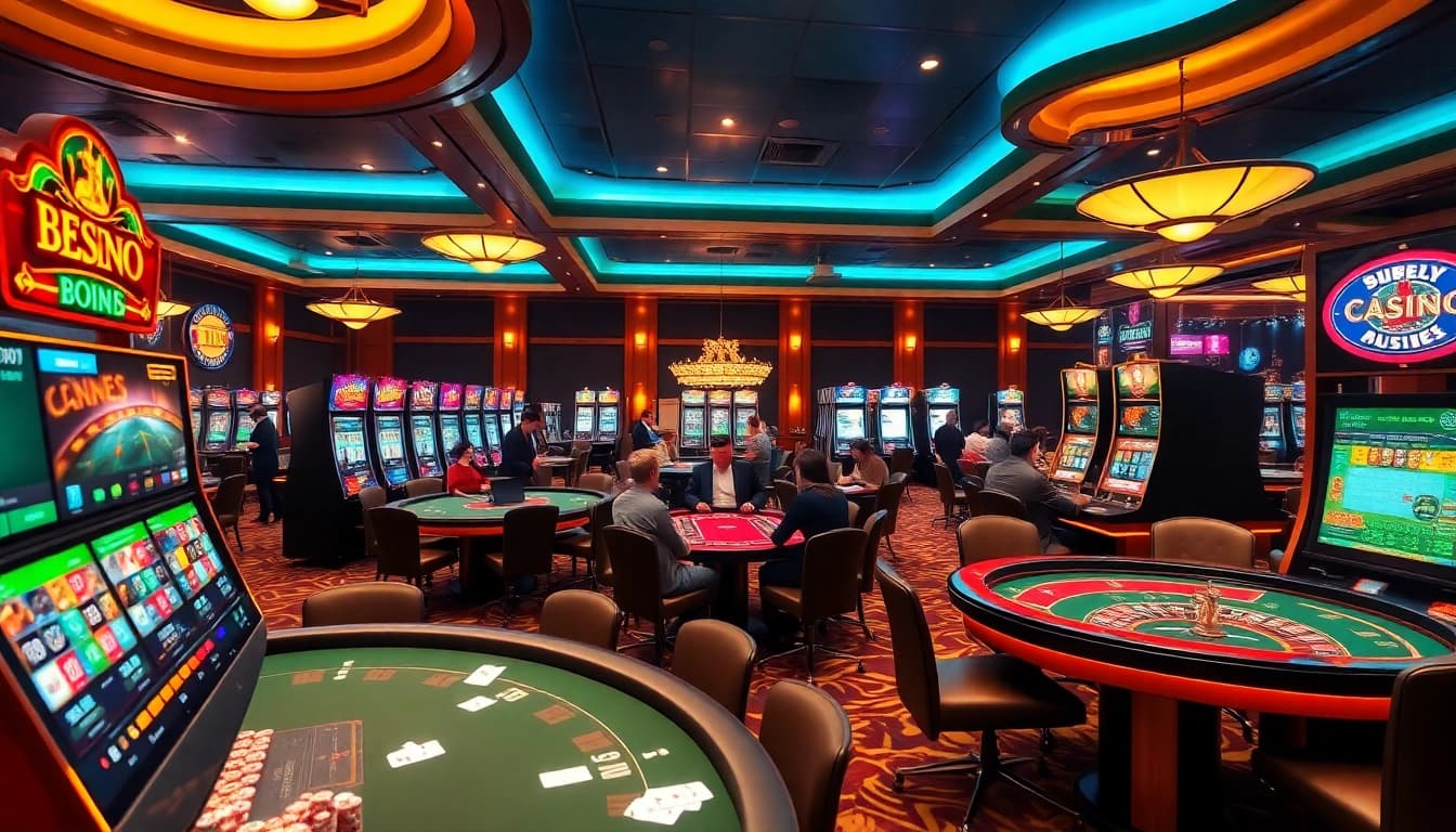 Experience the thrill of winning at https://bem88.com with a vibrant casino scene featuring poker chips and tables.