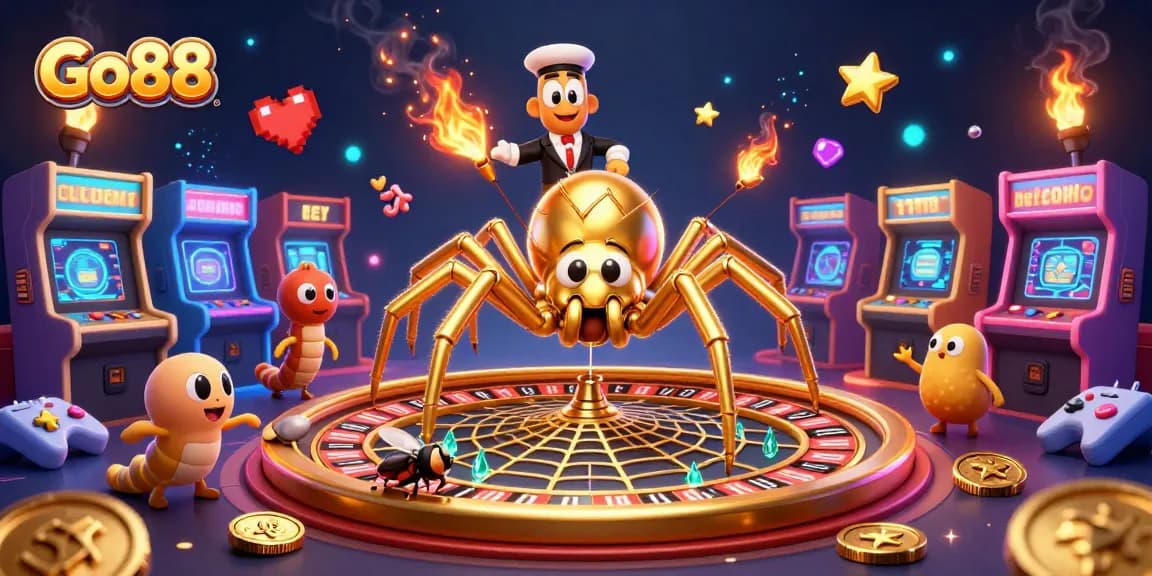 Go88 offers an engaging gaming experience with a golden spider creating a roulette wheel web.