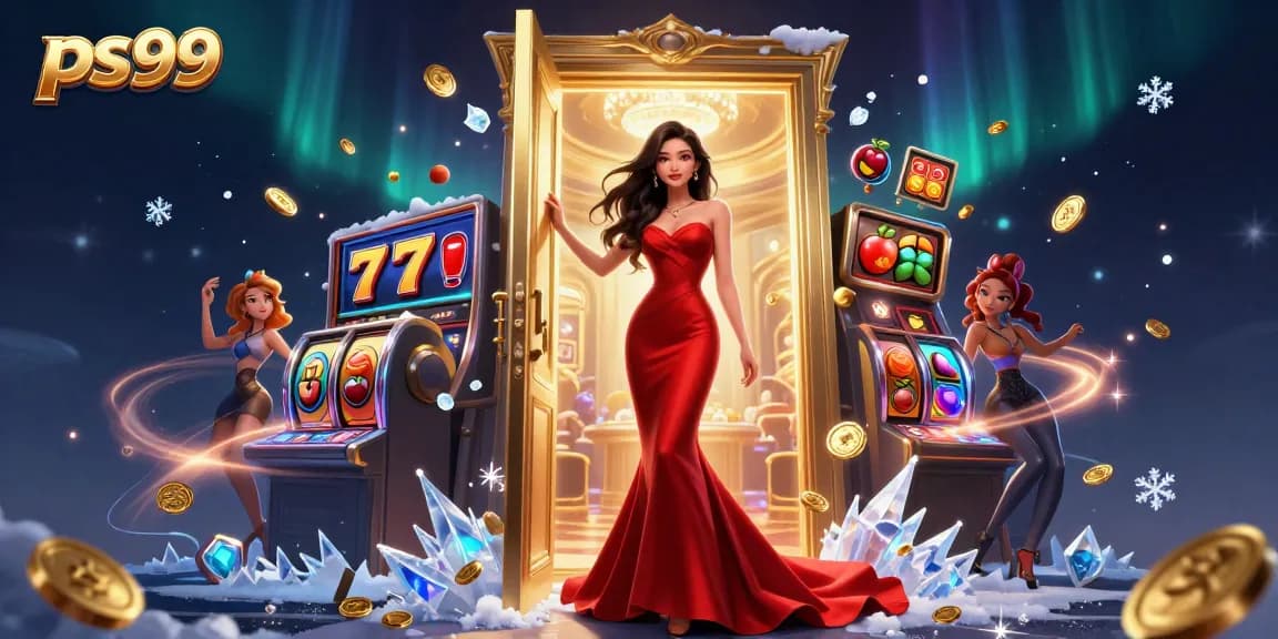 Win big with PS99 at the vibrant casino, featuring dynamic slot reels and sparkling gold coins.