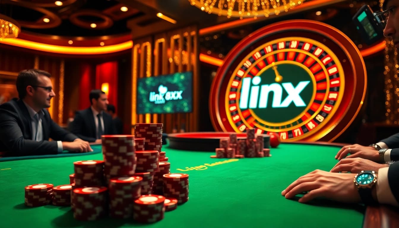 High-stakes poker action at a luxurious casino with link 8XX displayed on screen for online gaming.