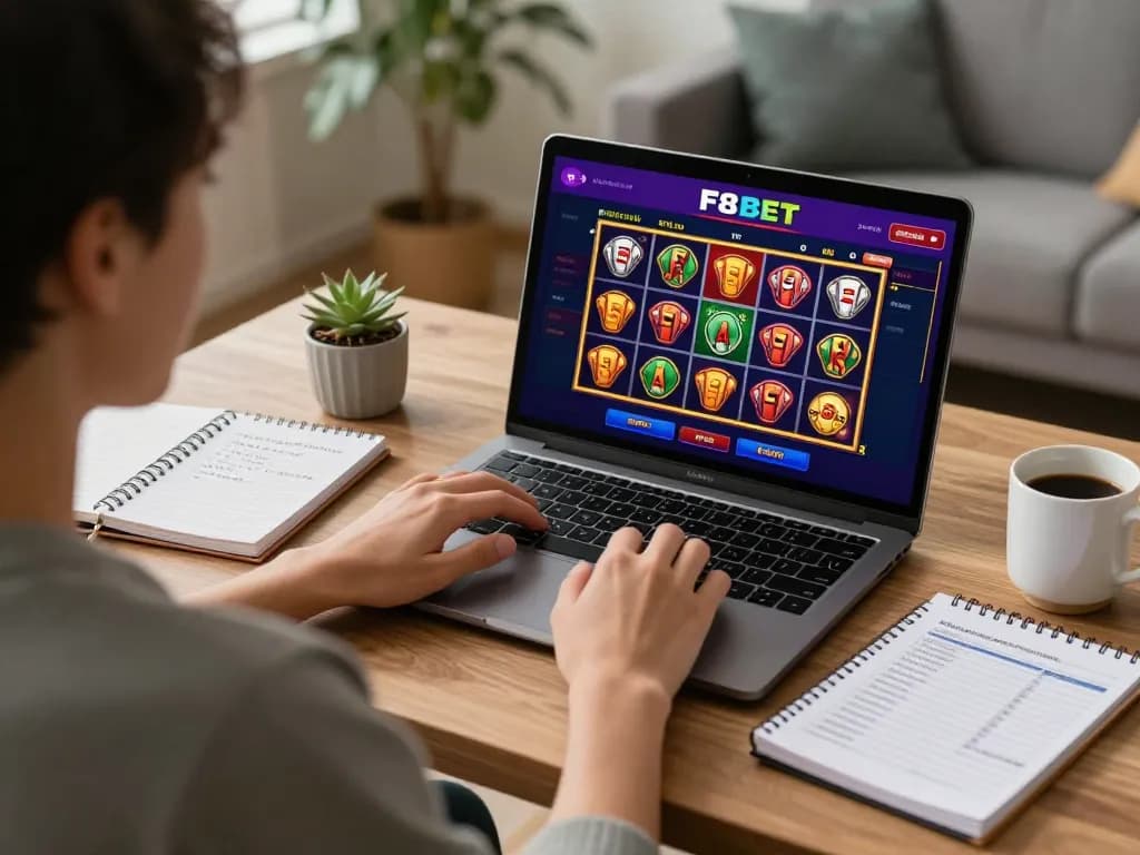 Engaged player enjoying F8BET online slot games from a cozy home office setup.
