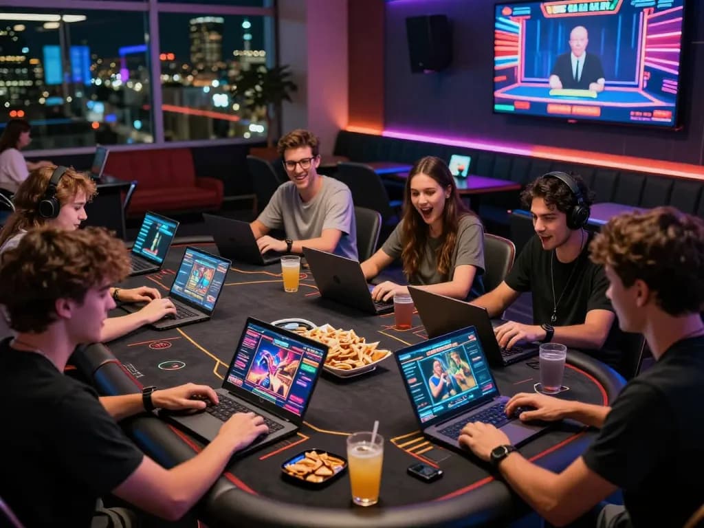 Group enjoying rikbet gaming at vibrant online station with live dealer.
