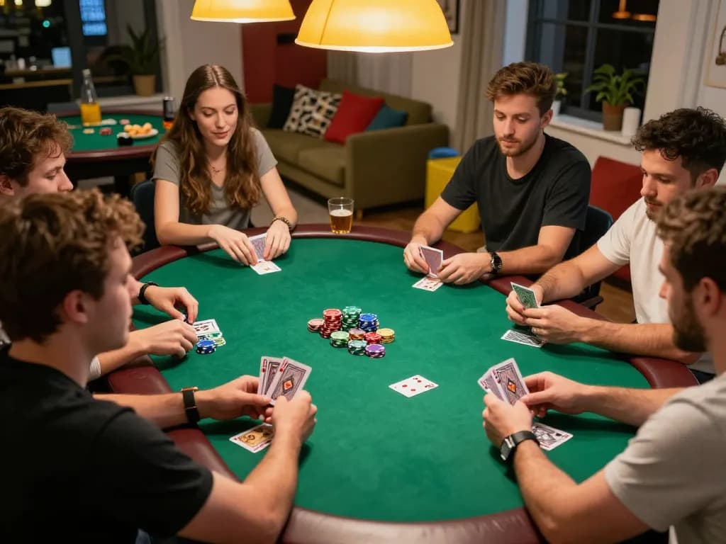 Players participating in a vibrant home poker night, showcasing hit club action and social interaction.