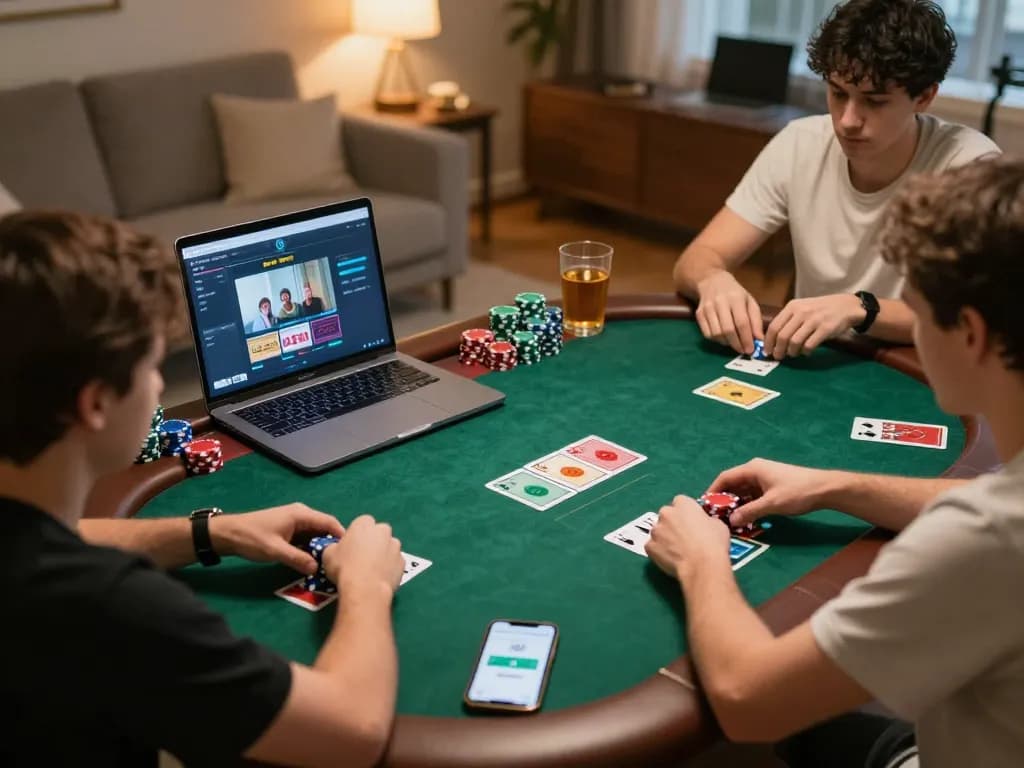 Players engaging in an online poker game with fabet interface, showcasing strategic gameplay and home comfort.