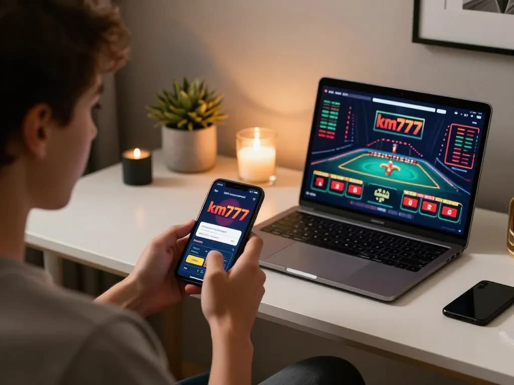 Engaged user playing km777 casino app on smartphone in stylish home setup, emphasizing responsible gambling.