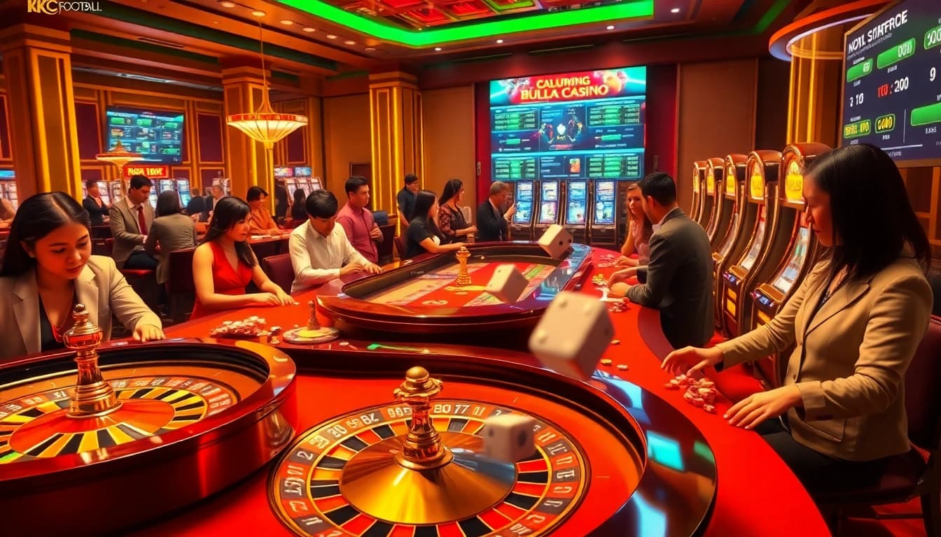 Experience excitement at KJC Football's online casino with vibrant tables and spinning roulette.