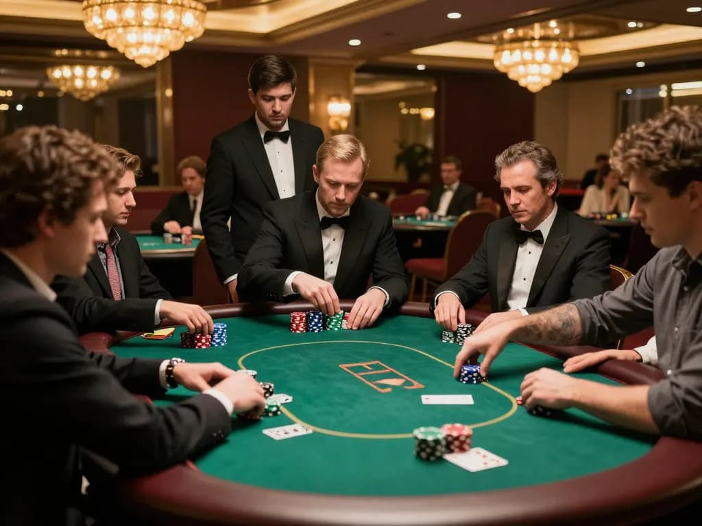 Exciting poker game at an upscale casino showcasing gameplay dynamics at https://www.atqvn.com/ with luxurious decor, eager players, and vibrant atmosphere.
