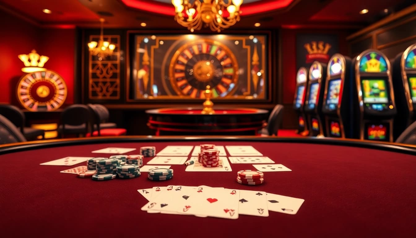 Experience high-stakes gambling action at 555win com with vibrant poker chips and a luxurious casino setting.