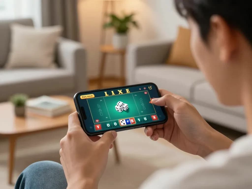 Player placing a bet on tai xiu online displayed on smartphone, captured in a cozy living room setting.