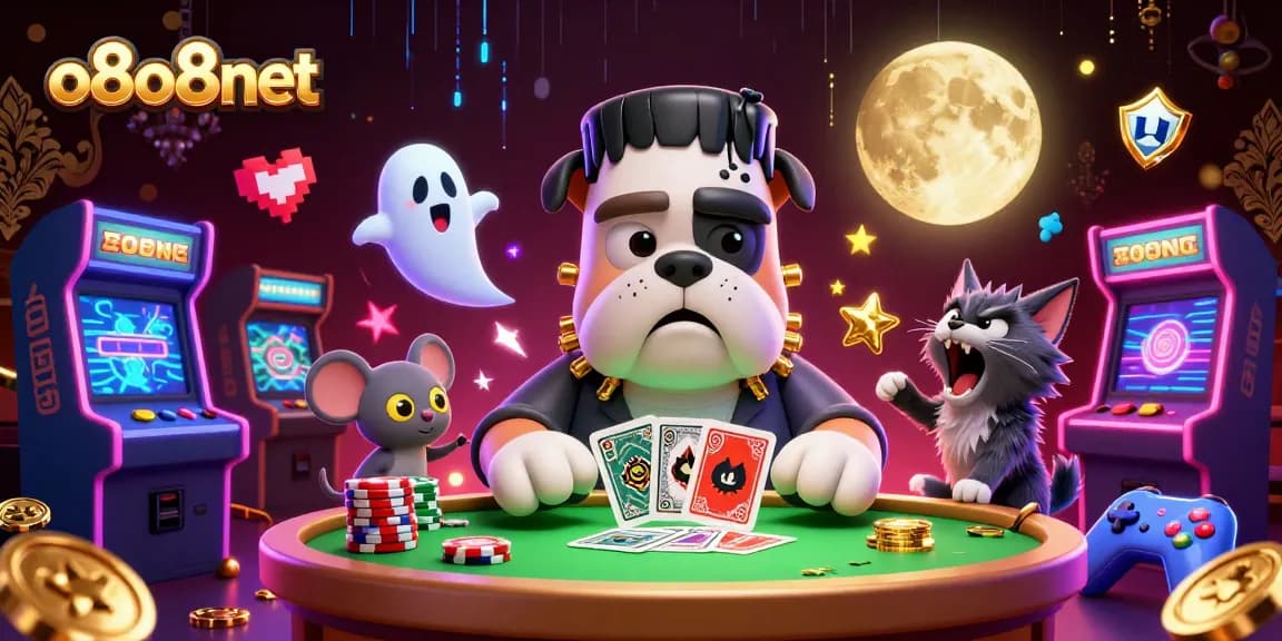 o8o8net showcases a vibrant casino scene with a Frankenstein bulldog dealing cards, highlighting online gaming excitement.