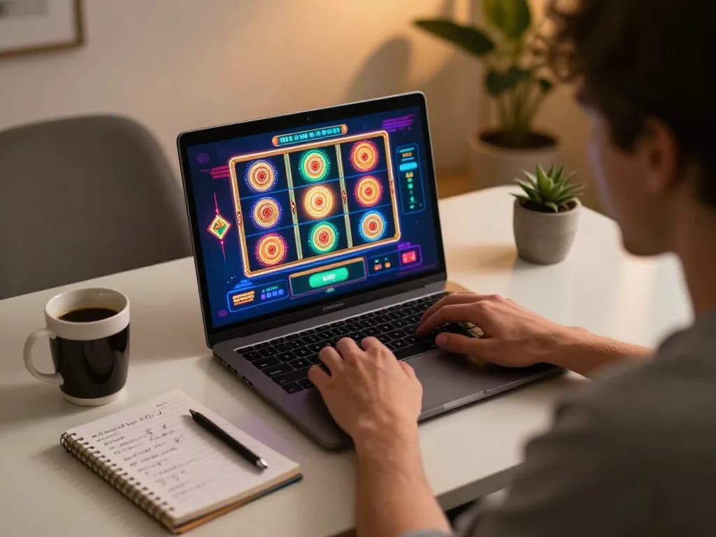 Player enjoying an online casino experience with 33WIM, focused on slot game strategy at home