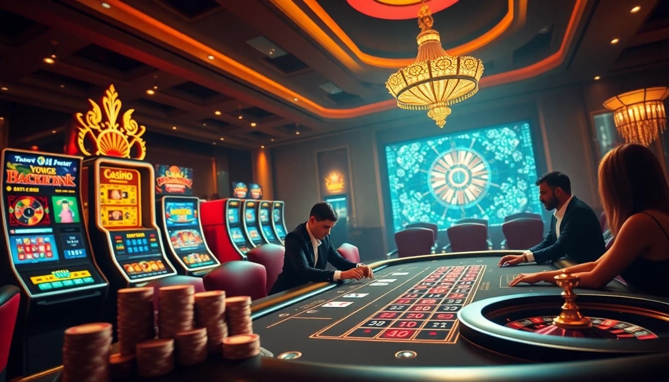 Gamblers enjoying their experience at MM88's luxury casino with vibrant lights and gaming tables.