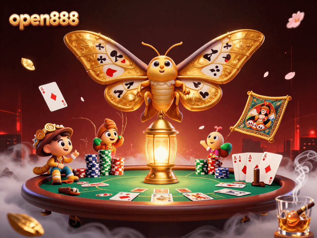 Engaging open888 poker scene with a vibrant atlas moth and casino elements.