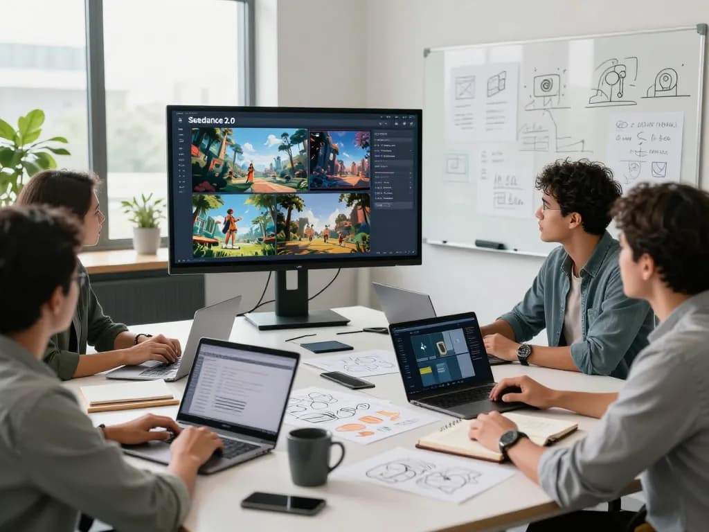 Team collaborating using ai seedance 2.0 for dynamic video production in a modern office.