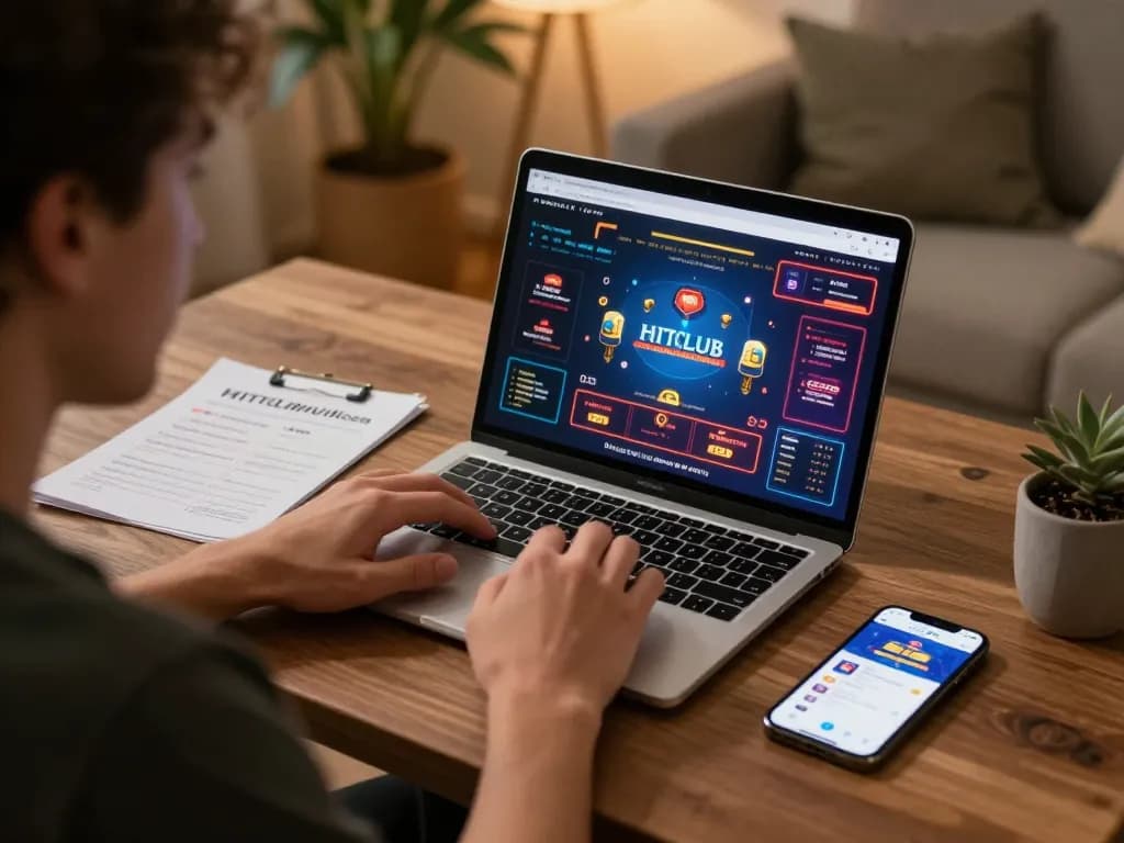 Engaging with HITCLUB app on laptop, showcasing online gaming experience with cozy atmosphere