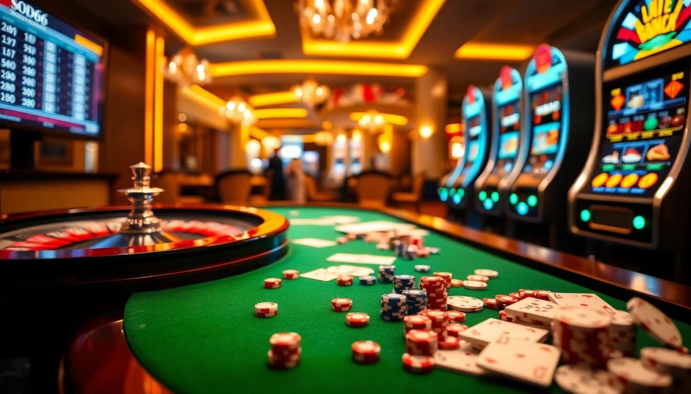 SODO66 players enjoy an exciting roulette game with vibrant casino elements in a luxurious setting.