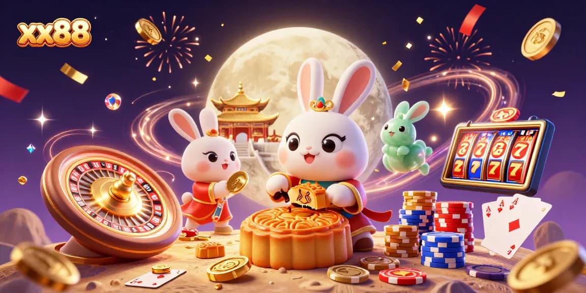 Join the excitement at xx88 as the moon rabbit reveals poker chips, celebrating wins in an enchanting casino scene.