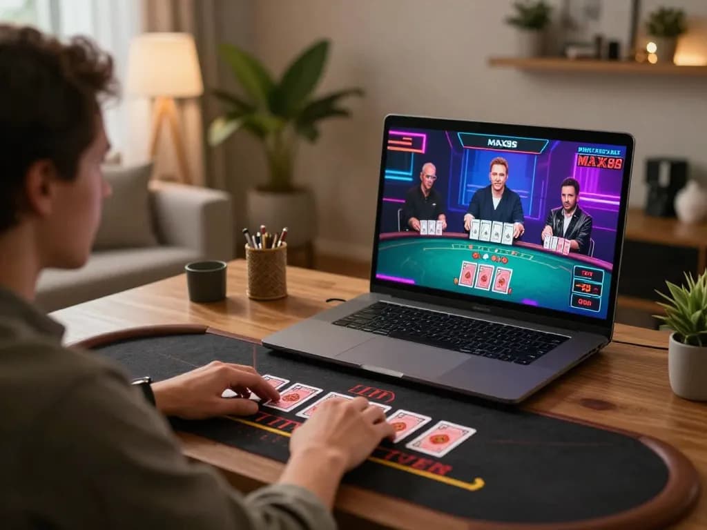 Engaging online blackjack session at MAX88, showcasing player's focus and gaming setup with vibrant screen