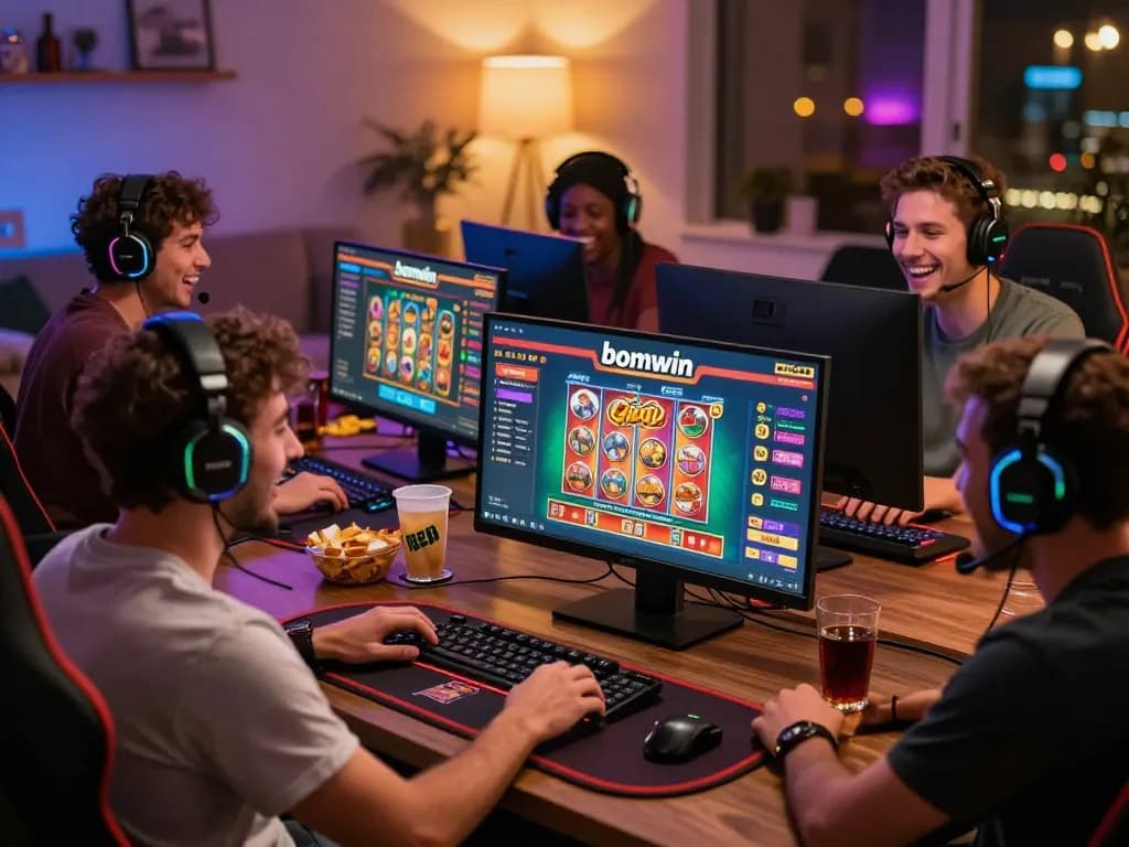 Dynamic online gaming scene featuring players engaged with bomwin platform, showcasing excitement and interaction.
