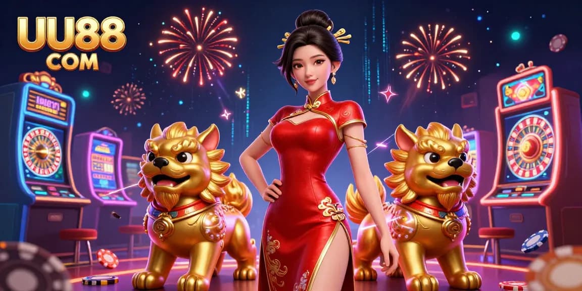 Experience the thrill of casino gaming with the glamorous UU88 COM scene featuring vibrant slot machines and fireworks.