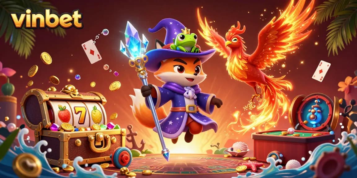 Experience the excitement at vinbet with enchanting characters amidst vibrant casino elements.