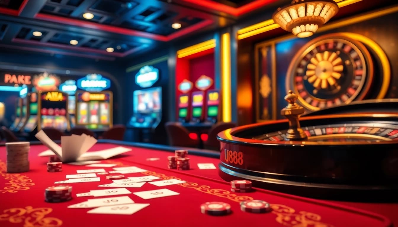 Experience thrilling action at U888 with vibrant casino tables and colorful slot machines.