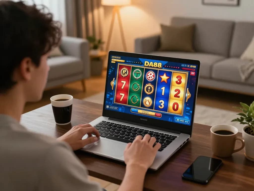Player celebrates a win on DA88 slot game at home, showcasing vibrant gaming atmosphere