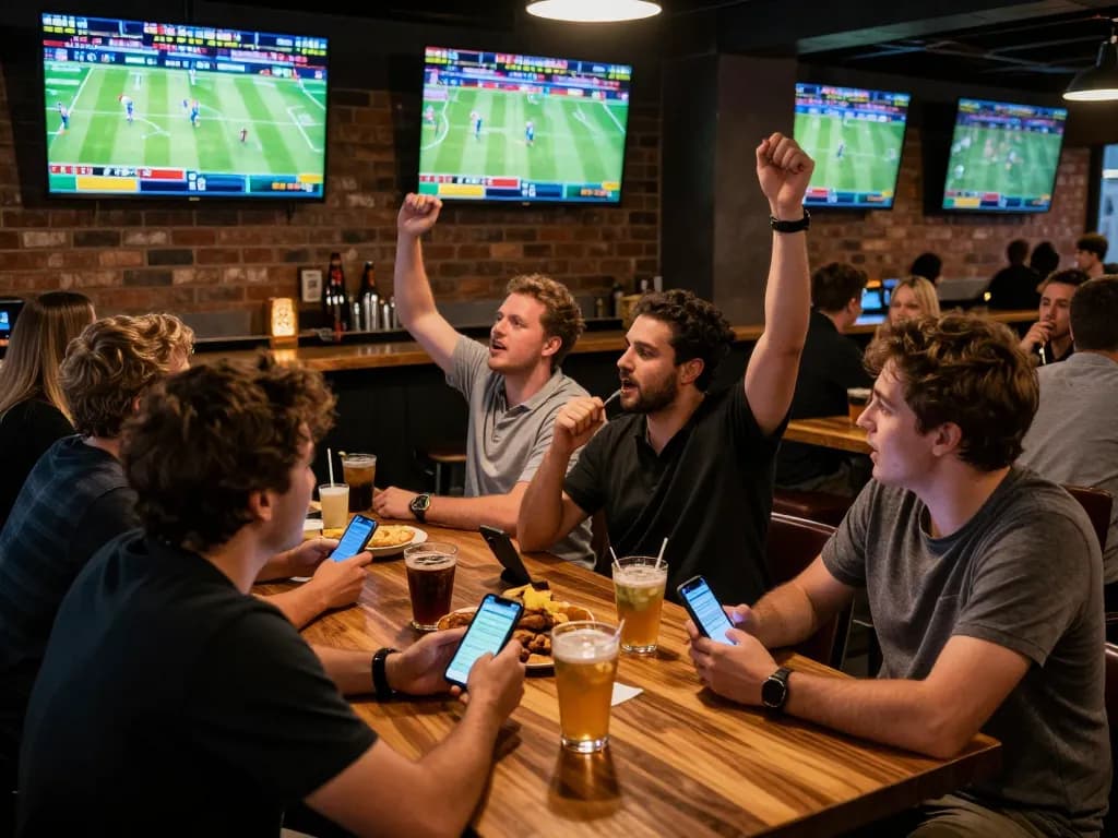 SOC88 sports fans placing live bets in an energetic bar setting.