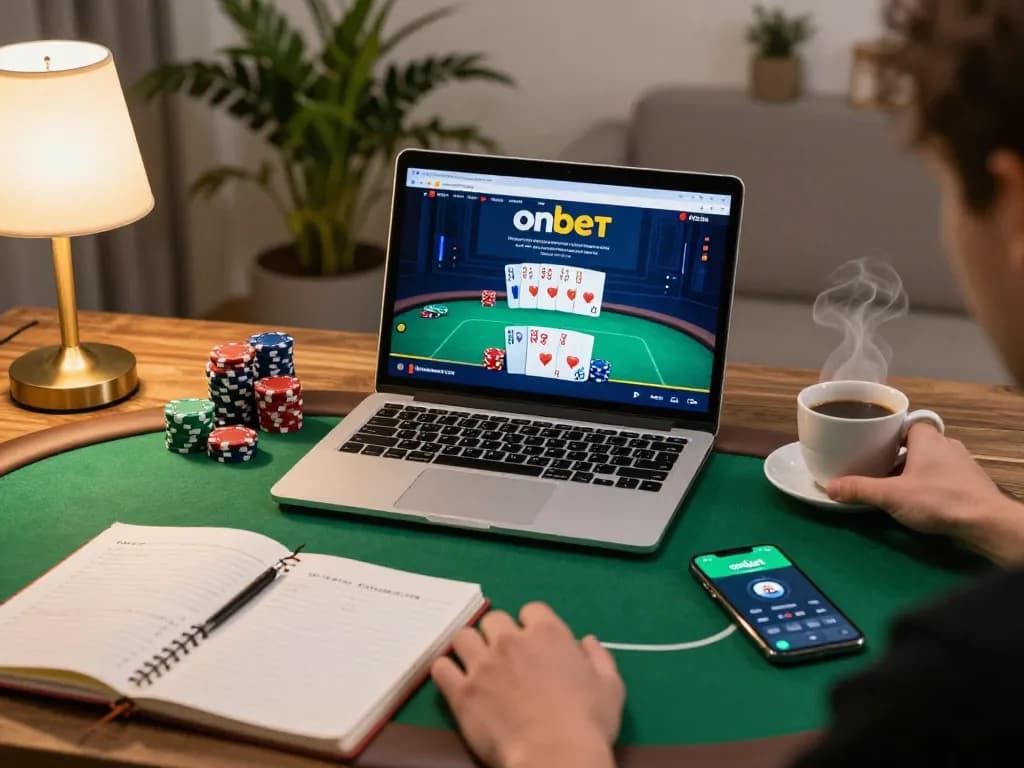 Engaging in a high-stakes poker game on onbet using a laptop with cozy home elements